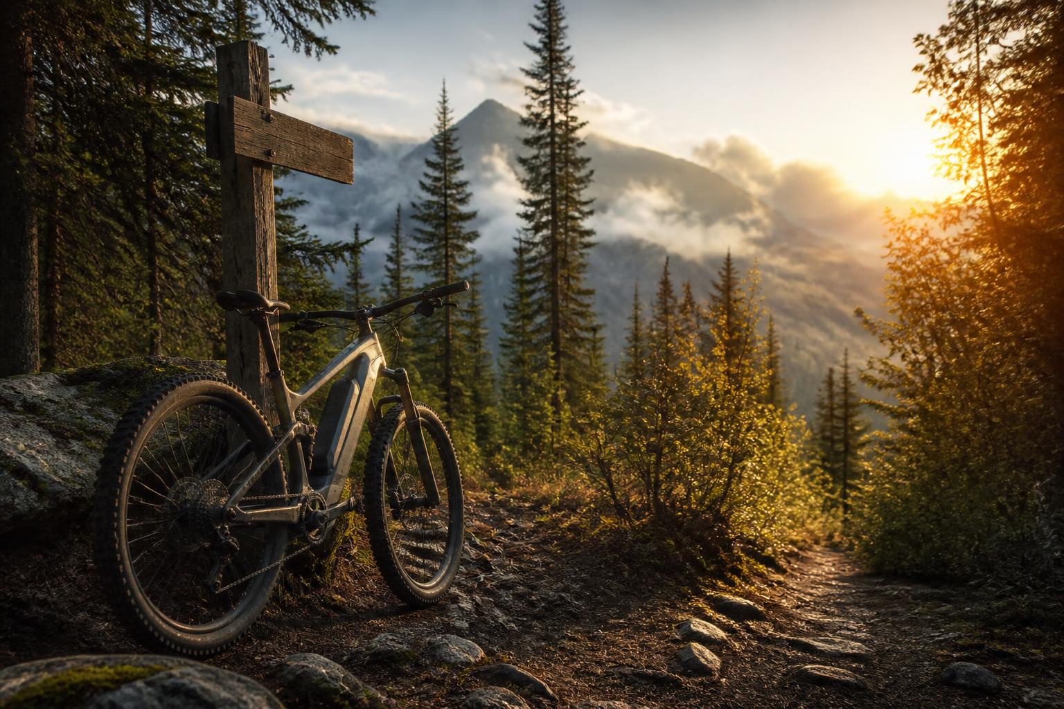 Electric mountain bike leaning against a wooden trail signpost on a misty Canadian forest trail at golden hour, with pine trees and snowy mountains in the background — cover image for the Canadian e-bike and e-moto rules guide.